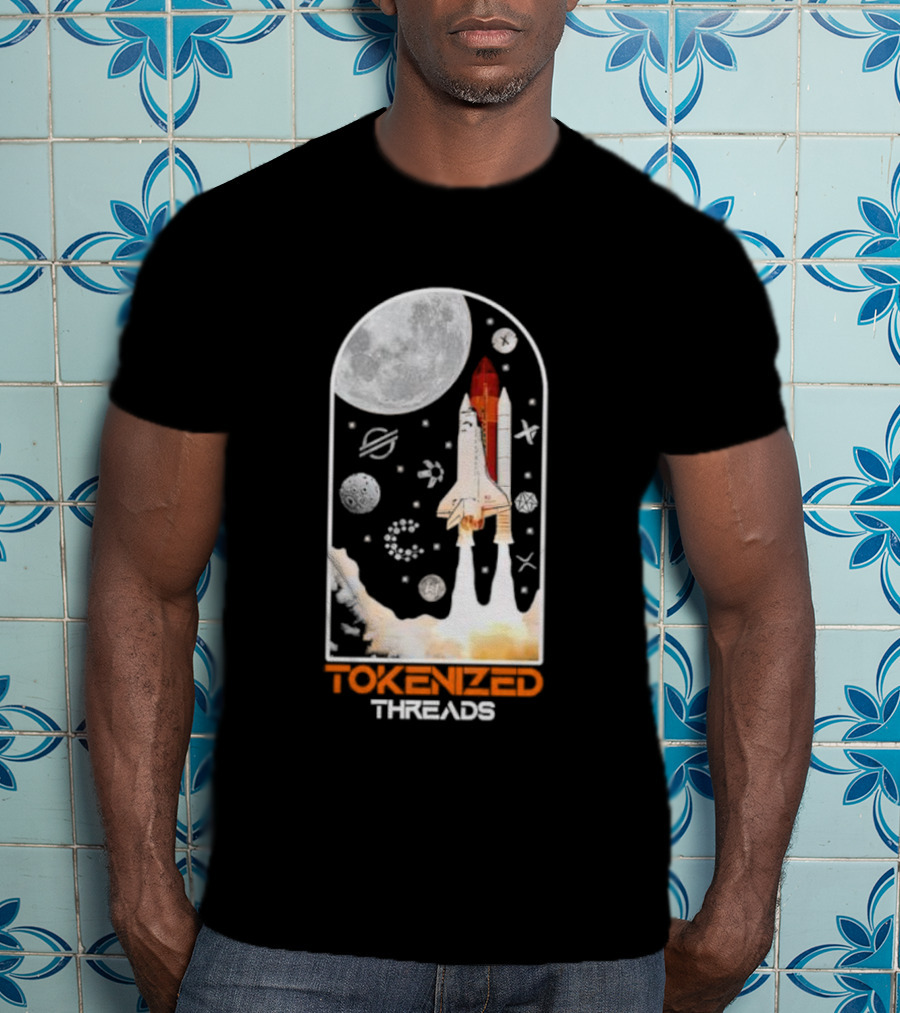 Tokenized Threads Space Shuttle Launch Under Moon With Planets And Stars T-Shirt