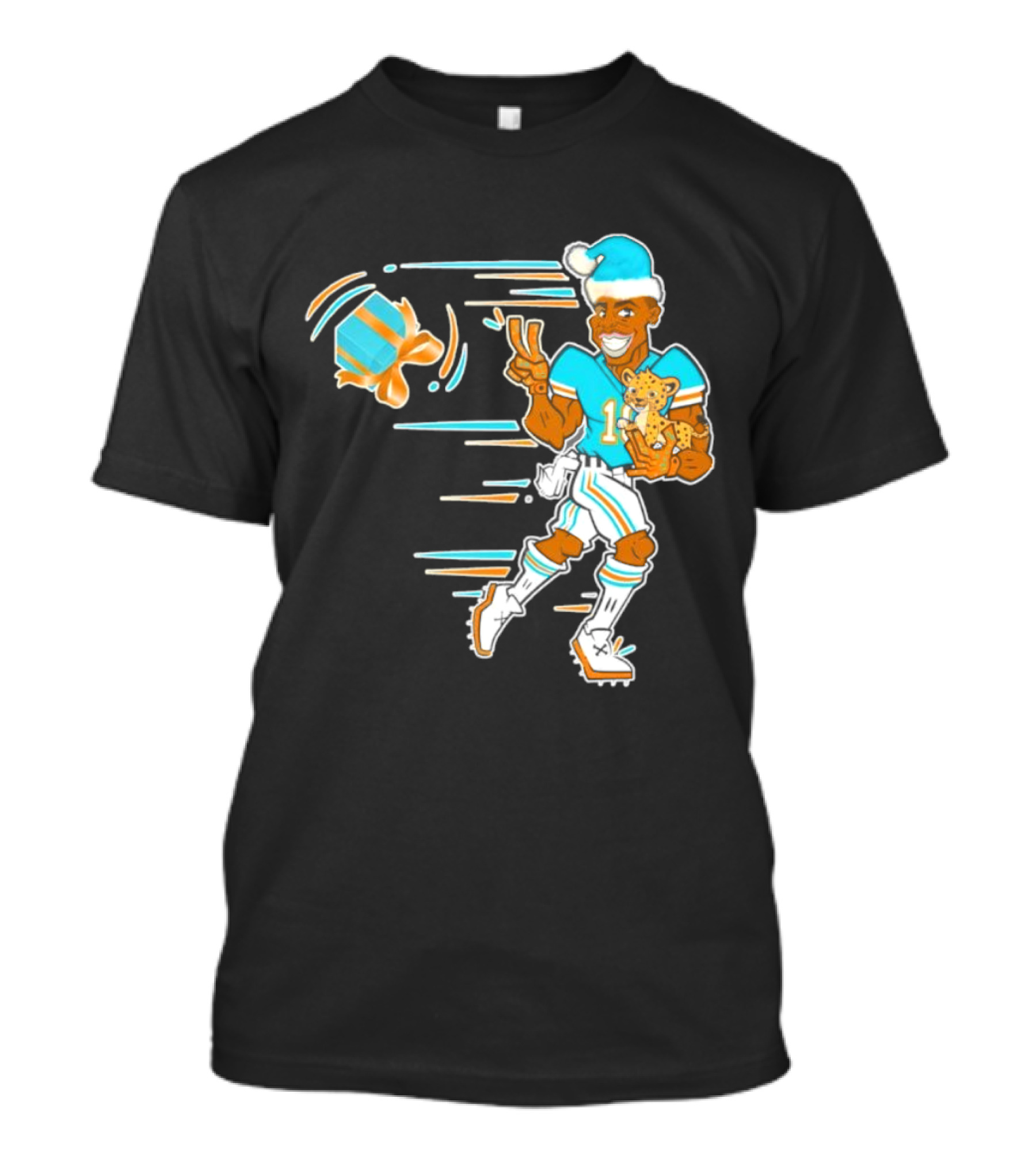 Tyreek Hill Cheetah Claus Football Holiday Player With Cheetah And Santa Hat T-Shirt