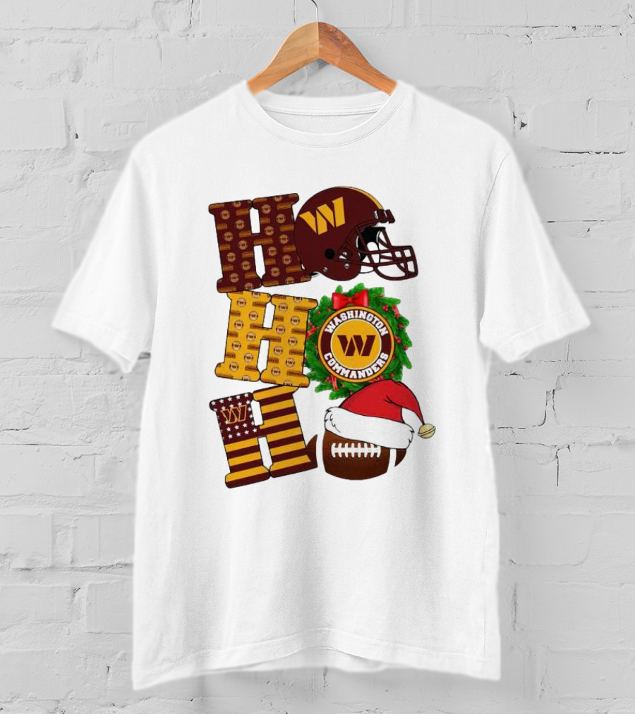 Washington Commanders Helmet Wreath Football Ho Ho Ho Merry Christmas T-Shirt