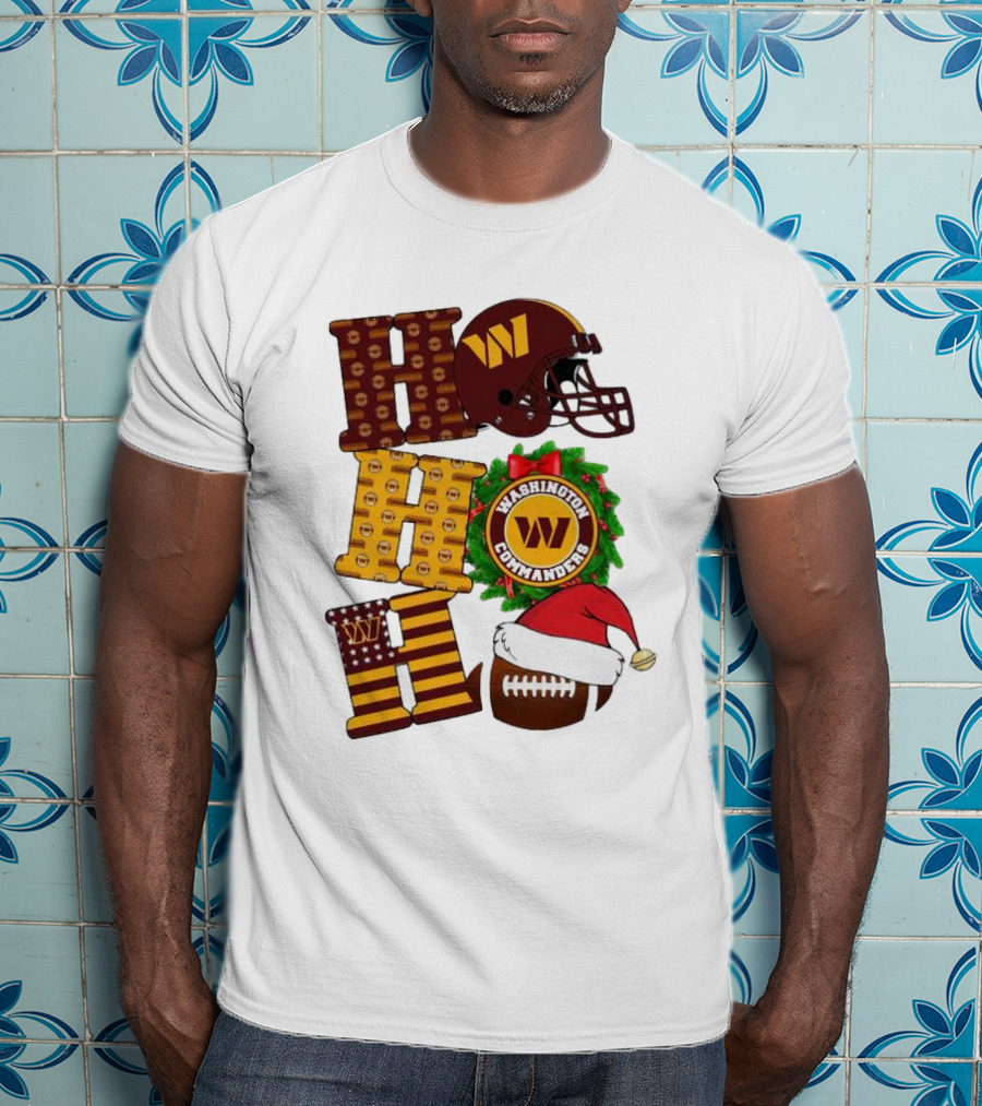 Washington Commanders Helmet Wreath Football Ho Ho Ho Merry Christmas T-Shirt