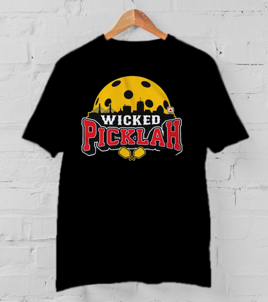 Wicked Picklah Boston Skyline Pickleball Paddle Bridge T-Shirt
