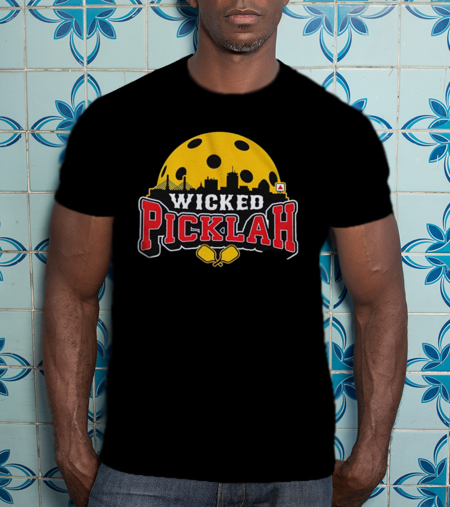 Wicked Picklah Boston Skyline Pickleball Paddle Bridge T-Shirt
