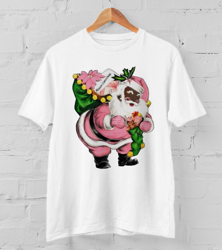 Merry Christmas Santa Claus Wear Pink Outfit With Sack And Toys T-Shirt