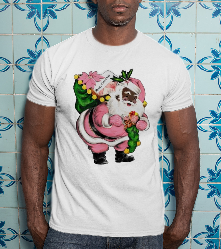 Merry Christmas Santa Claus Wear Pink Outfit With Sack And Toys T-Shirt
