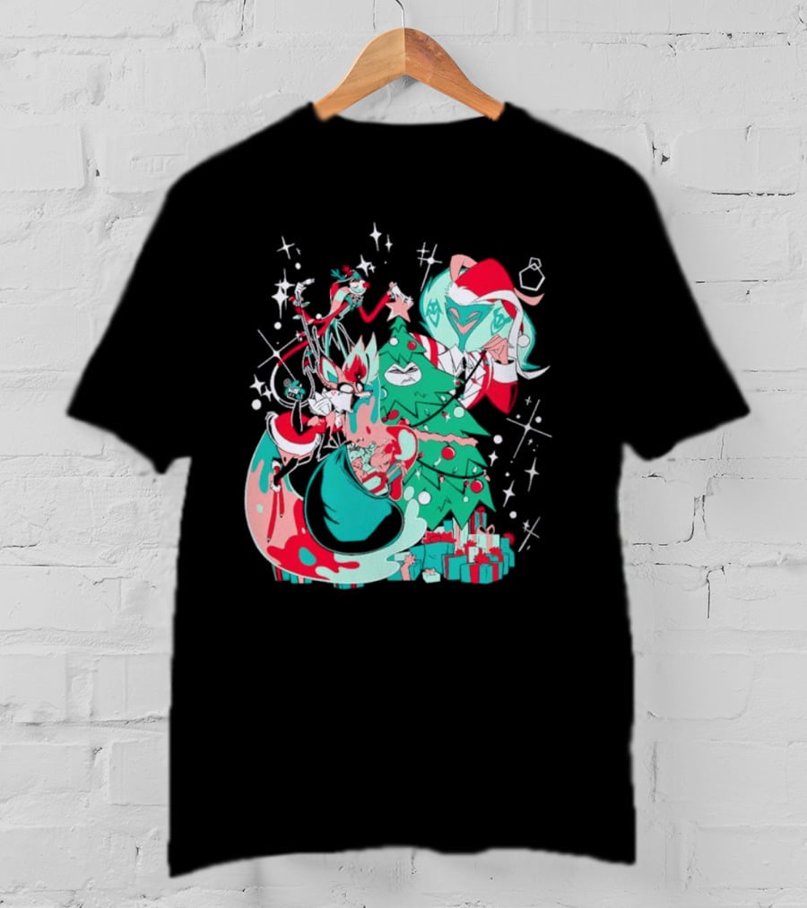Shark Robot Sinful Holiday Christmas Hazbin Hotel Festive Tree And Characters T-Shirt