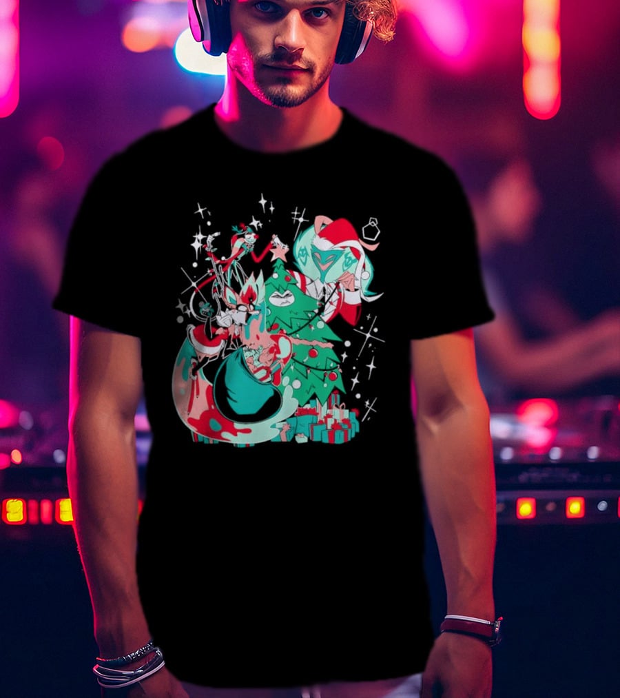 Shark Robot Sinful Holiday Christmas Hazbin Hotel Festive Tree And Characters T-Shirt