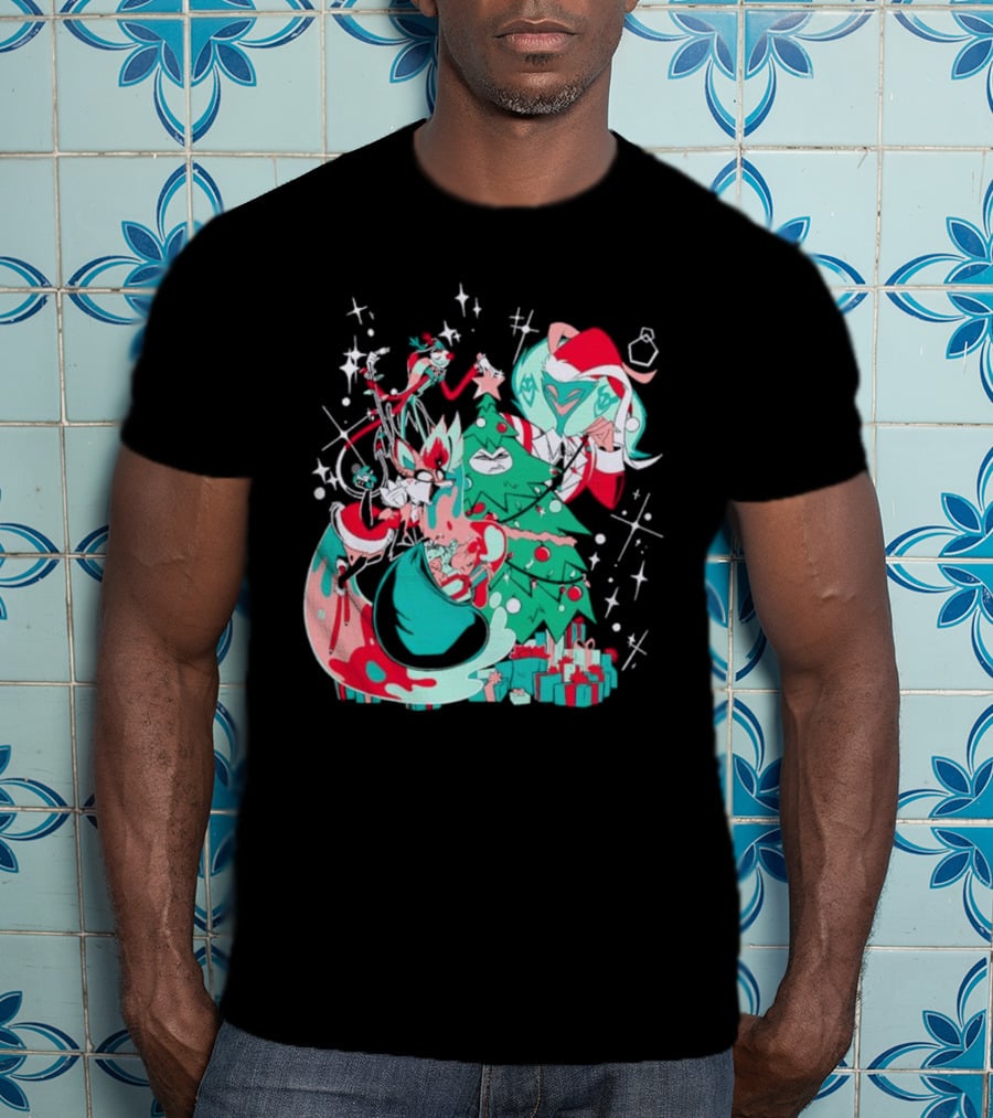 Shark Robot Sinful Holiday Christmas Hazbin Hotel Festive Tree And Characters T-Shirt