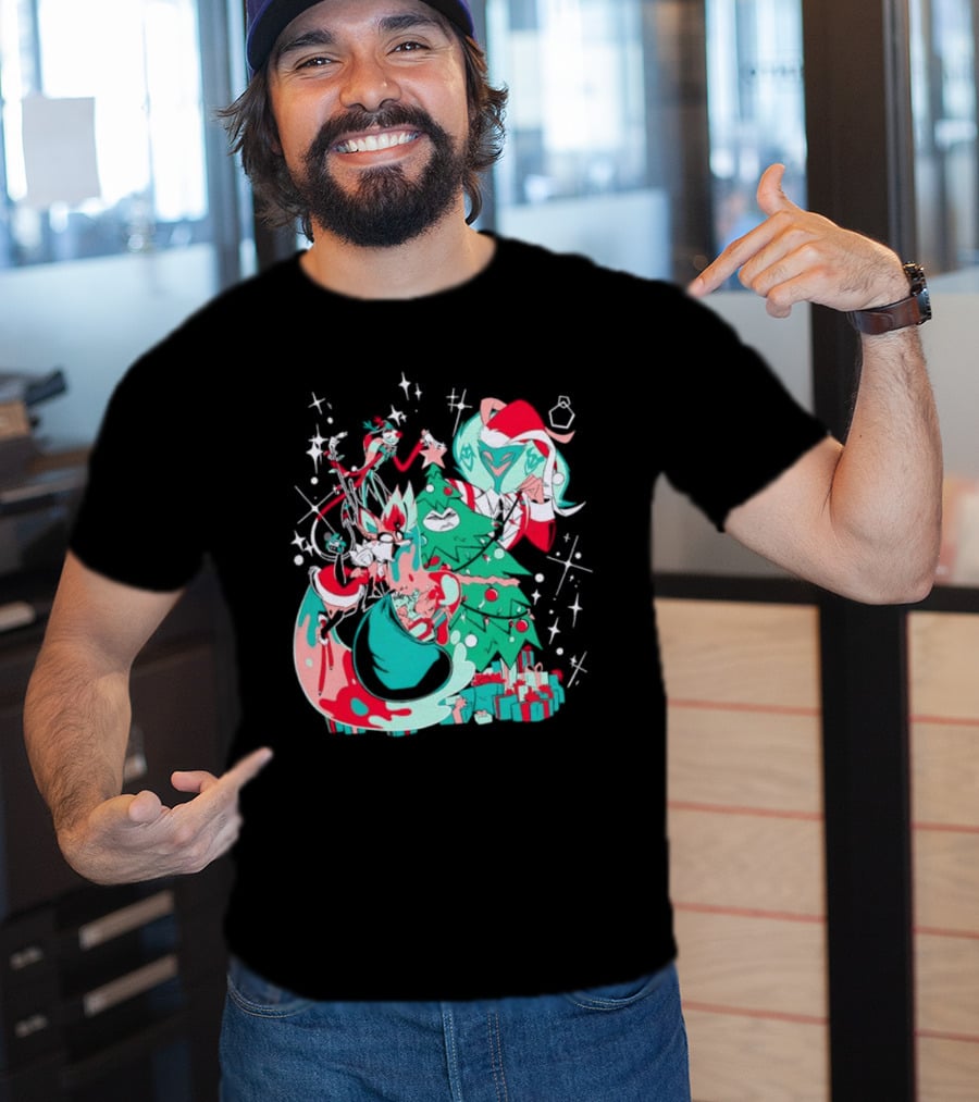 Shark Robot Sinful Holiday Christmas Hazbin Hotel Festive Tree And Characters T-Shirt