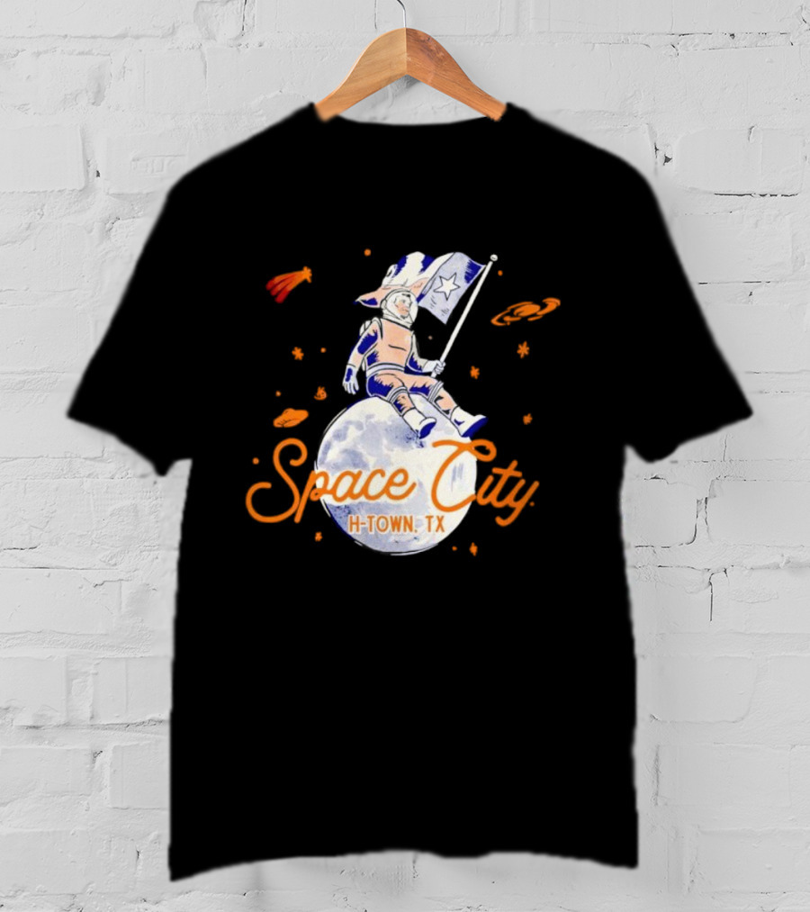 Space City H-Town TX Astronaut On Moon With Saturn And Stars T-Shirt
