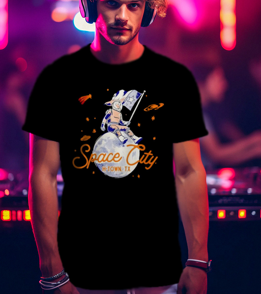 Space City H-Town TX Astronaut On Moon With Saturn And Stars T-Shirt