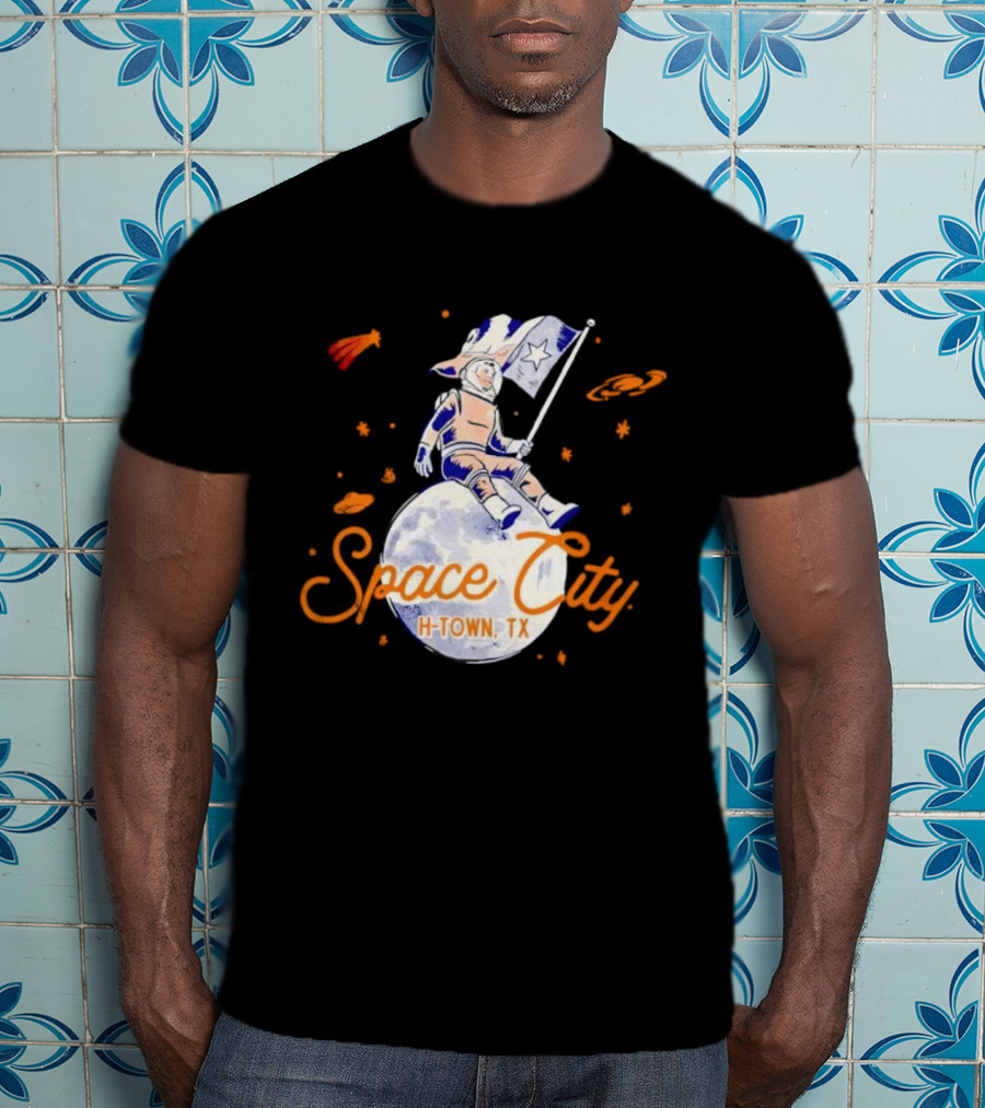 Space City H-Town TX Astronaut On Moon With Saturn And Stars T-Shirt
