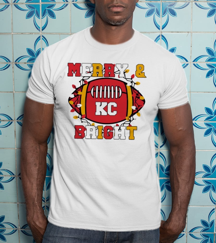 Kansas City Chiefs KC Merry And Bright Football Christmas T-Shirt