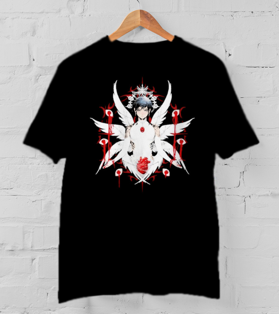 W6rst Maza Anime Angelic Figure With Wings And Red Accents T-Shirt