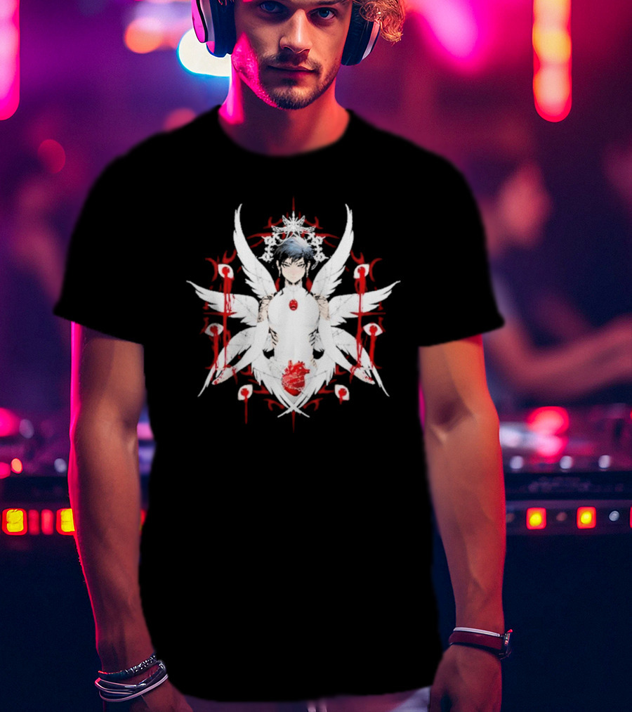 W6rst Maza Anime Angelic Figure With Wings And Red Accents T-Shirt