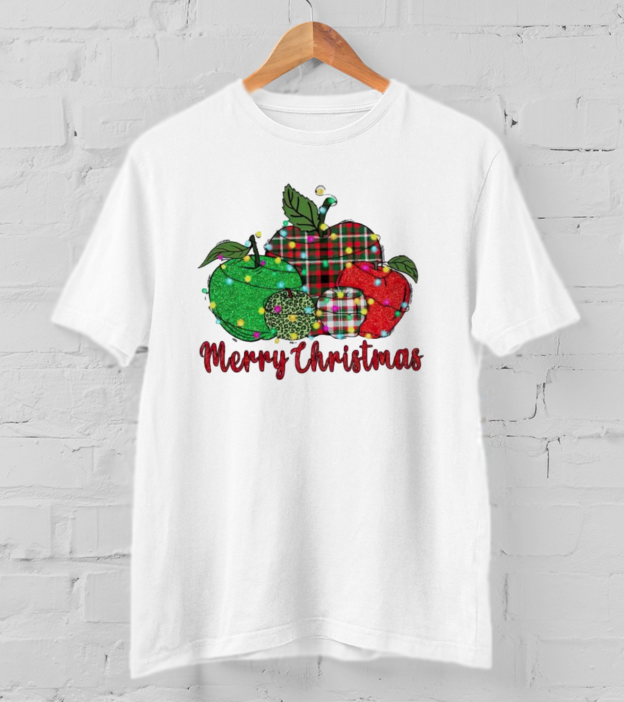 Merry Christmas Apples Plaid And Lights T-Shirt