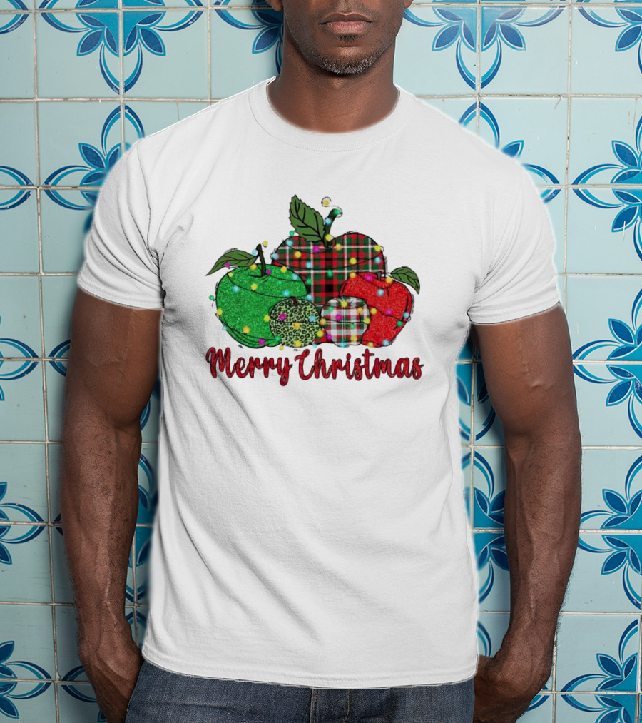 Merry Christmas Apples Plaid And Lights T-Shirt