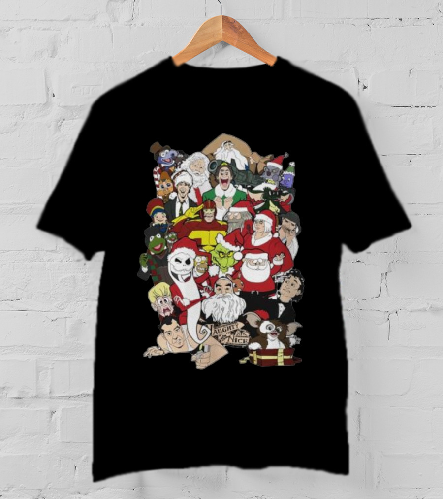 Naughty Or Nice Christmas Chaos Characters Featuring Santa Grinch Gizmo Jack Frost T-Shirt