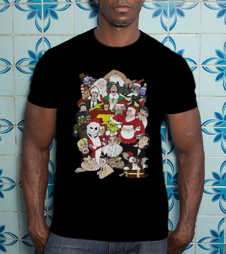 Naughty Or Nice Christmas Chaos Characters Featuring Santa Grinch Gizmo Jack Frost T-Shirt