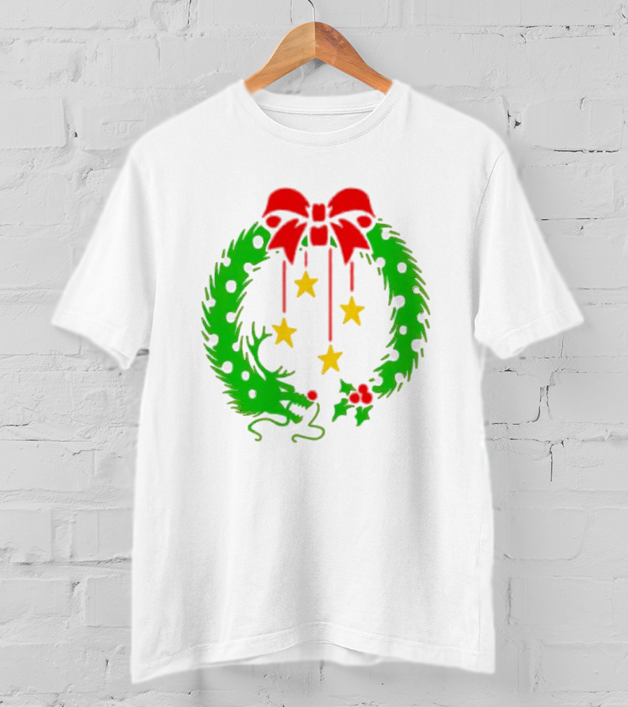 Christmas Wreath Dragon With Four Stars And Red Bow T-Shirt