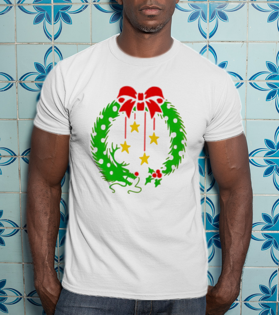 Christmas Wreath Dragon With Four Stars And Red Bow T-Shirt
