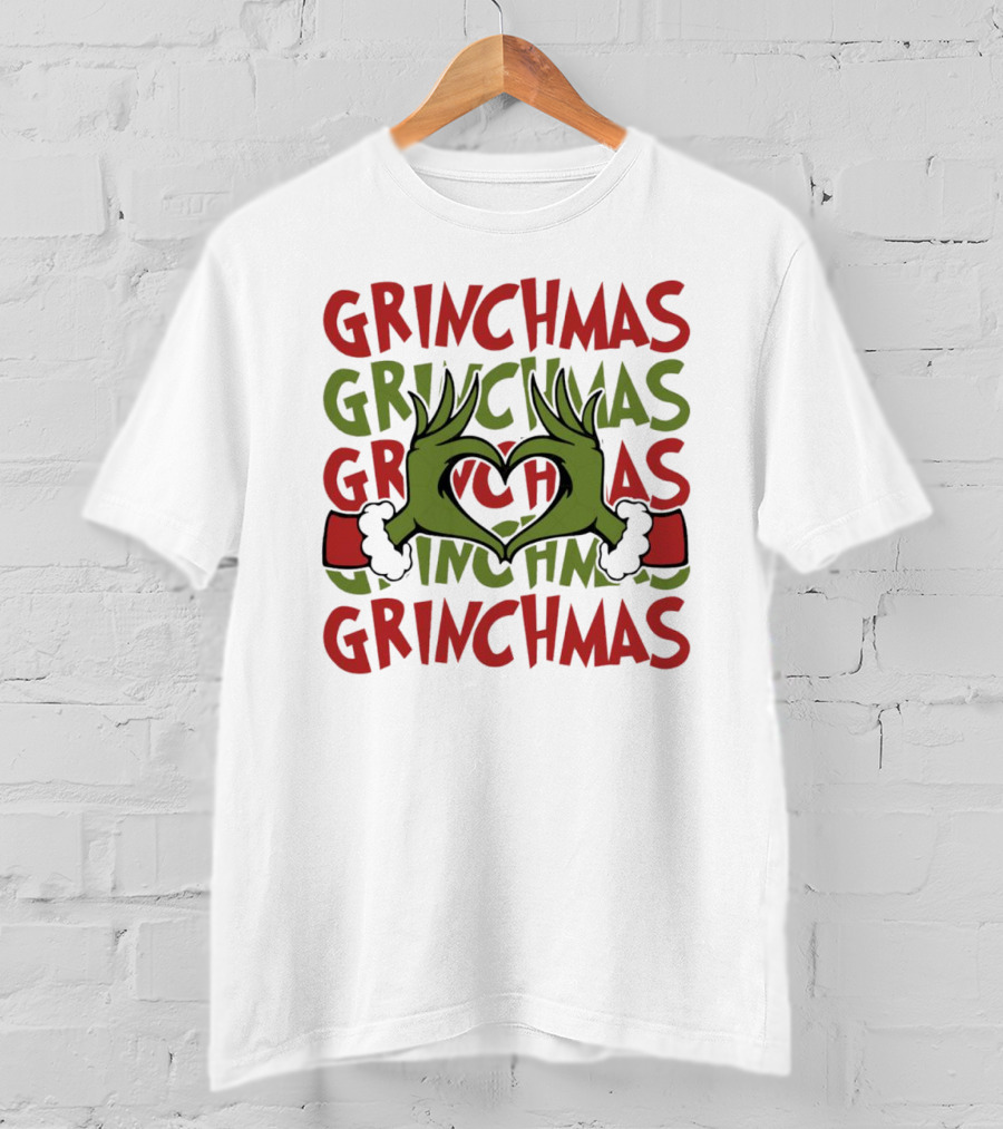 Grinch Hand Heart Love Grinchmas Repeating Text T-Shirt
