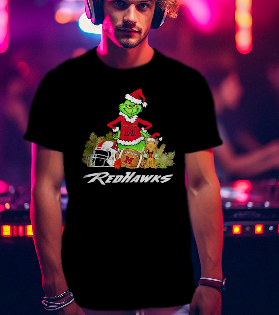 Grinch With Miami RedHawks Christmas Football Santa Hat T-Shirt