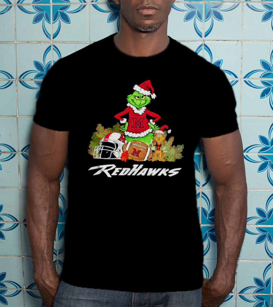 Grinch With Miami RedHawks Christmas Football Santa Hat T-Shirt