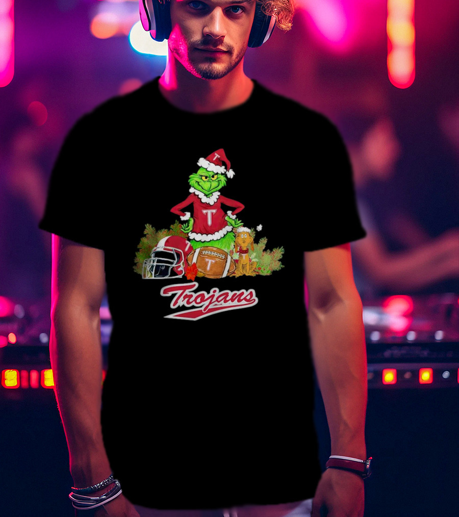 Grinch Troy Trojans Christmas Football Festive Scene T-Shirt