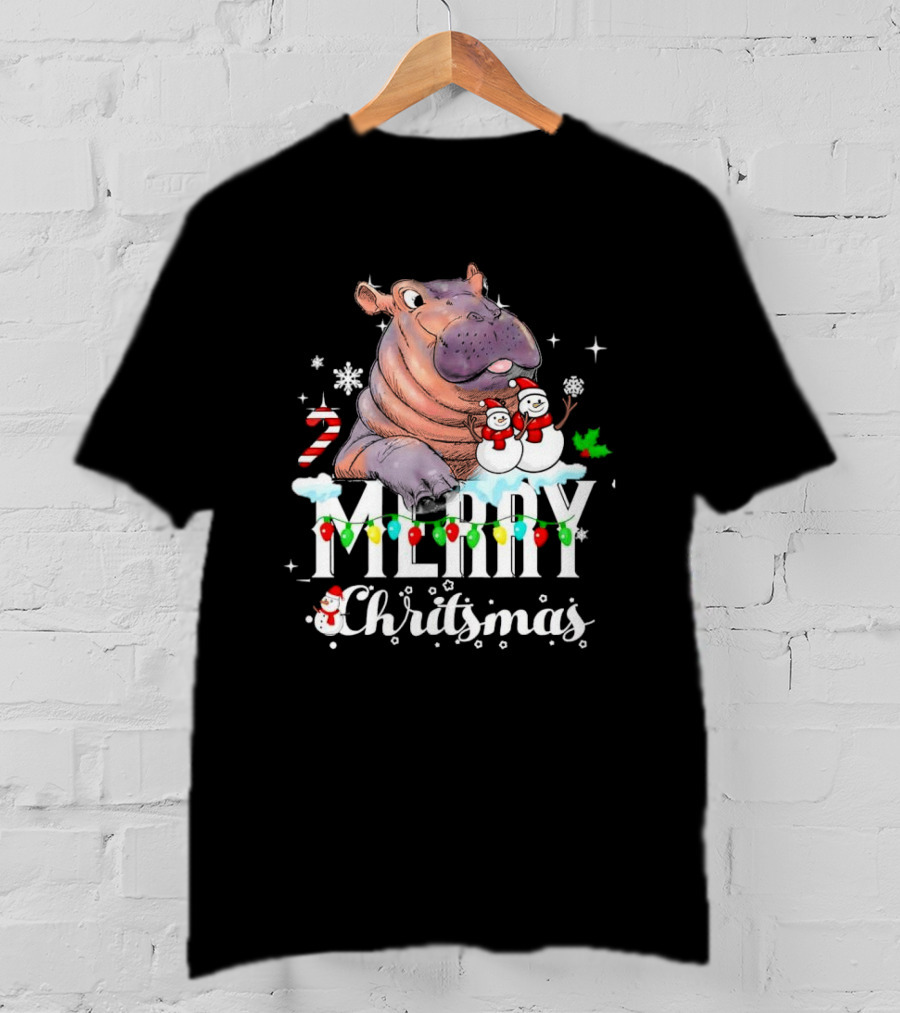 Hippo Merry Christmas Snowmen Candy Cane Lights T-Shirt