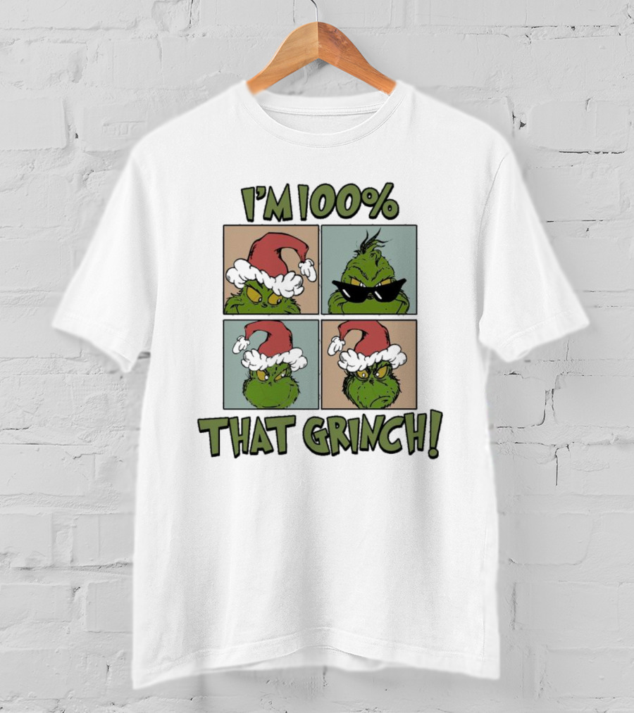 I'm 100% That Grinch Christmas Icon With Santa Hat And Sunglasses T-Shirt