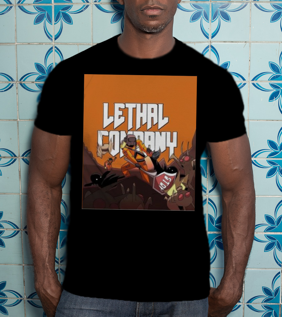 Lethal Company Stop Sign Creature Battle Scene T-Shirt