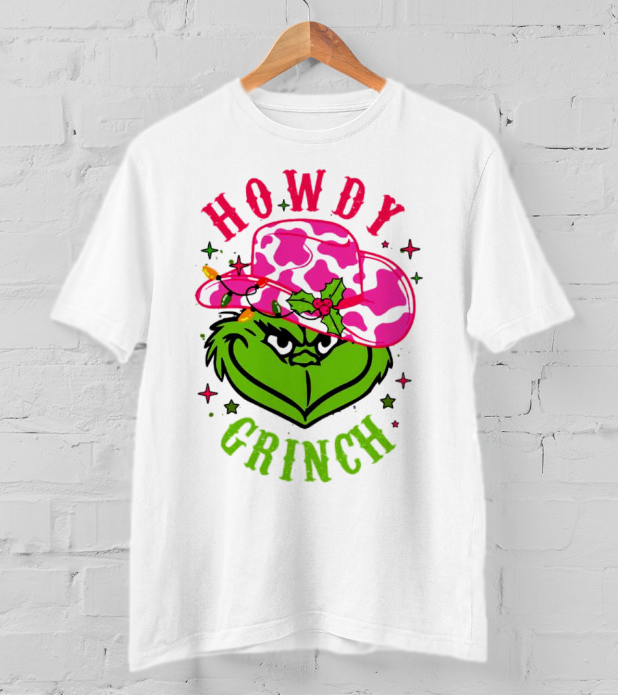 Howdy Grinch Christmas Cowboy Hat Festive Lights T-Shirt