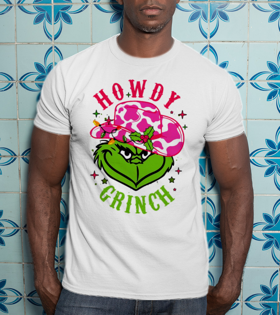 Howdy Grinch Christmas Cowboy Hat Festive Lights T-Shirt
