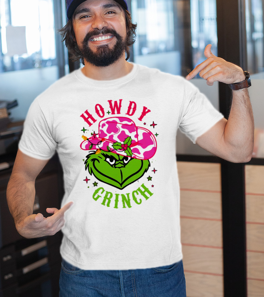 Howdy Grinch Christmas Cowboy Hat Festive Lights T-Shirt