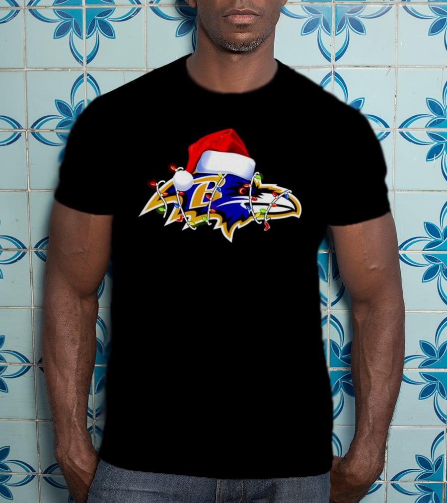 Baltimore Ravens Christmas Lights Santa Hat T-Shirt