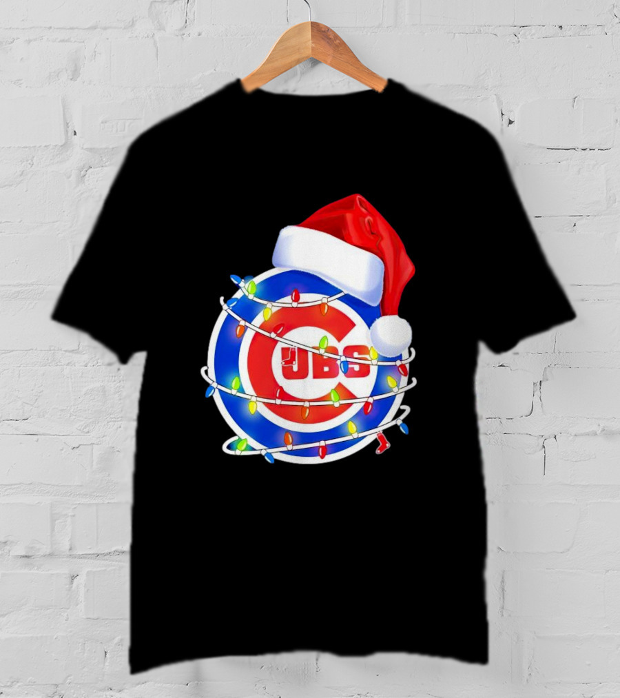 Chicago Cubs Festive Christmas Lights With Santa Hat T-Shirt