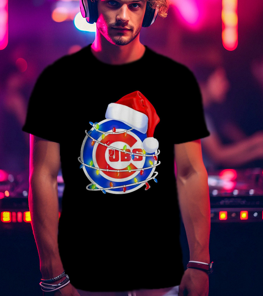 Chicago Cubs Festive Christmas Lights With Santa Hat T-Shirt
