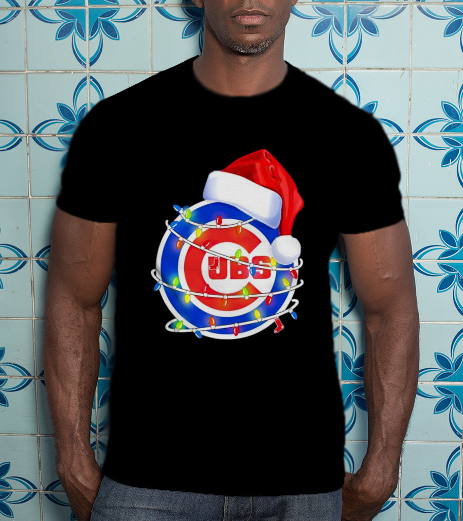 Chicago Cubs Festive Christmas Lights With Santa Hat T-Shirt