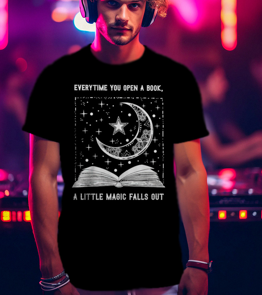 Everytime You Open A Book A Little Magic Falls Out With Starry Crescent Moon And Open Pages T-Shirt