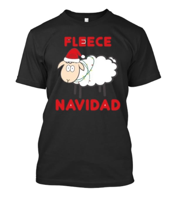 Fleece Navidad Christmas Sheep With Santa Hat And Festive Lights T-Shirt