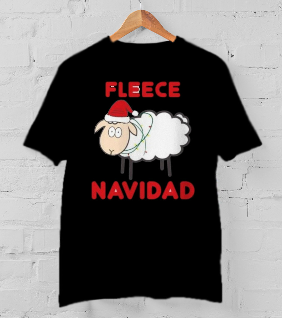 Fleece Navidad Christmas Sheep With Santa Hat And Festive Lights T-Shirt