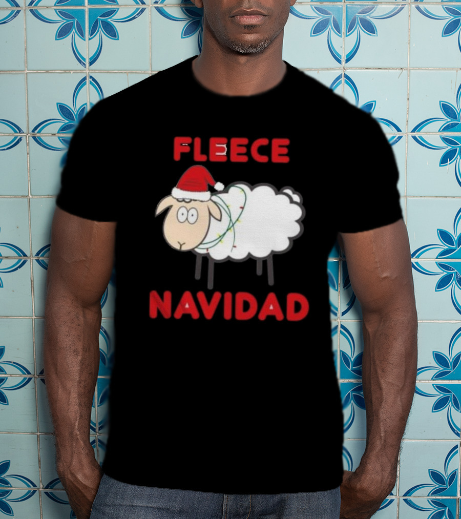Fleece Navidad Christmas Sheep With Santa Hat And Festive Lights T-Shirt