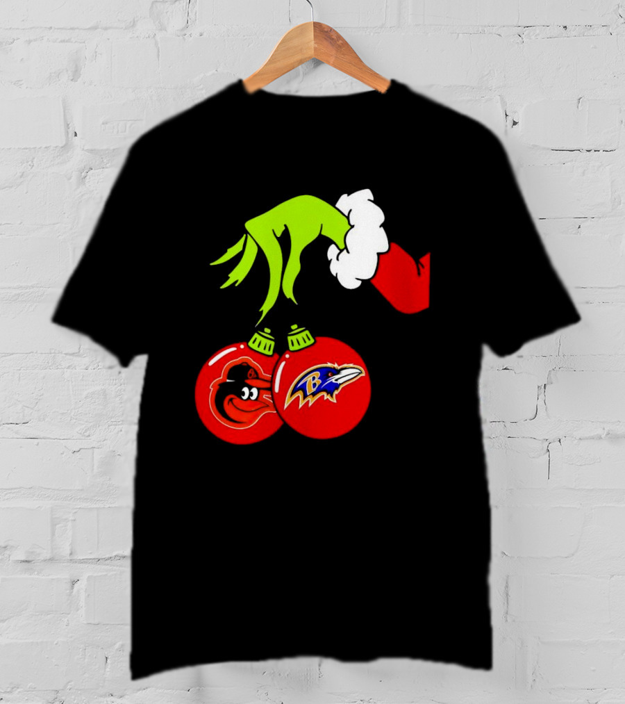 Grinch Hand Holding Baltimore Ravens And Orioles Christmas Ornaments T-Shirt