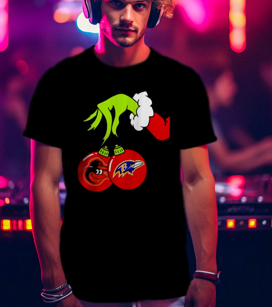 Grinch Hand Holding Baltimore Ravens And Orioles Christmas Ornaments T-Shirt