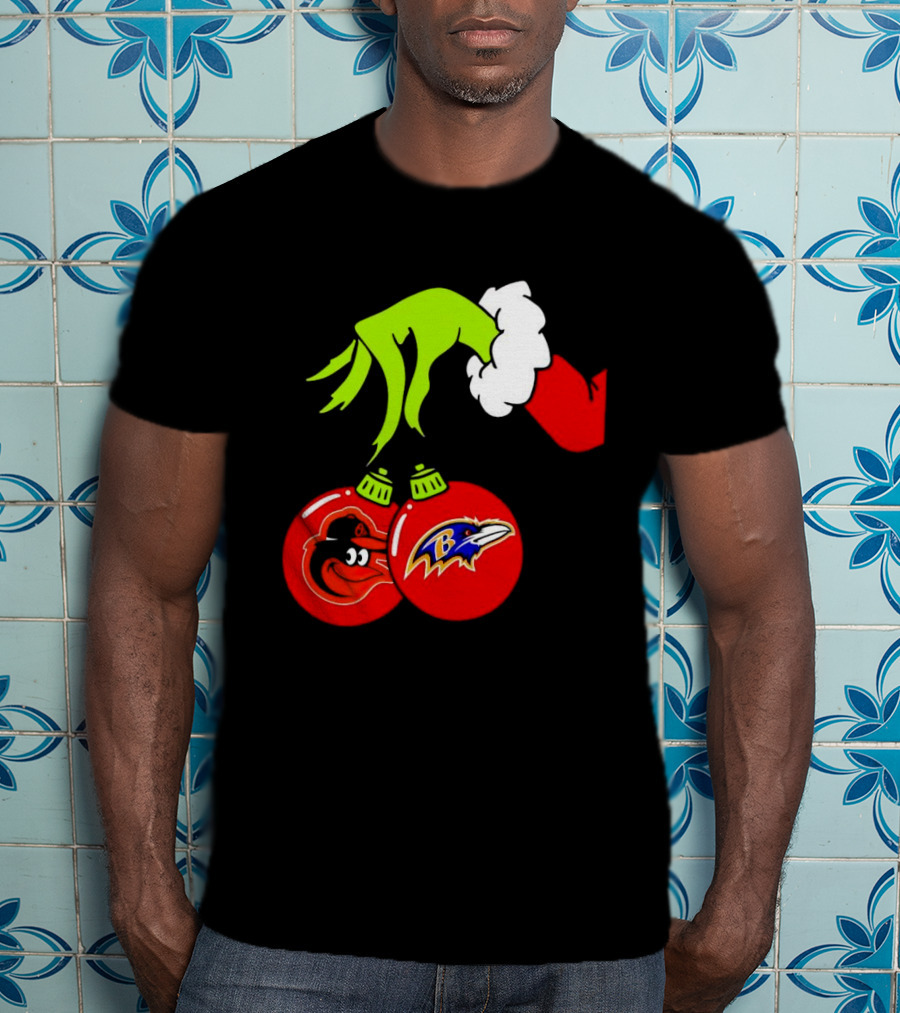 Grinch Hand Holding Baltimore Ravens And Orioles Christmas Ornaments T-Shirt