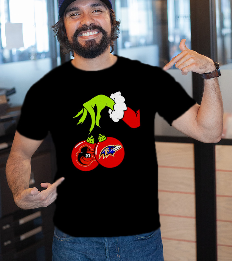 Grinch Hand Holding Baltimore Ravens And Orioles Christmas Ornaments T-Shirt