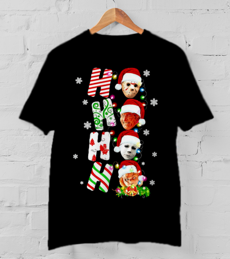 Ho Ho Ho Horror Movies Characters Christmas Snowflakes Santa Hats T-Shirt