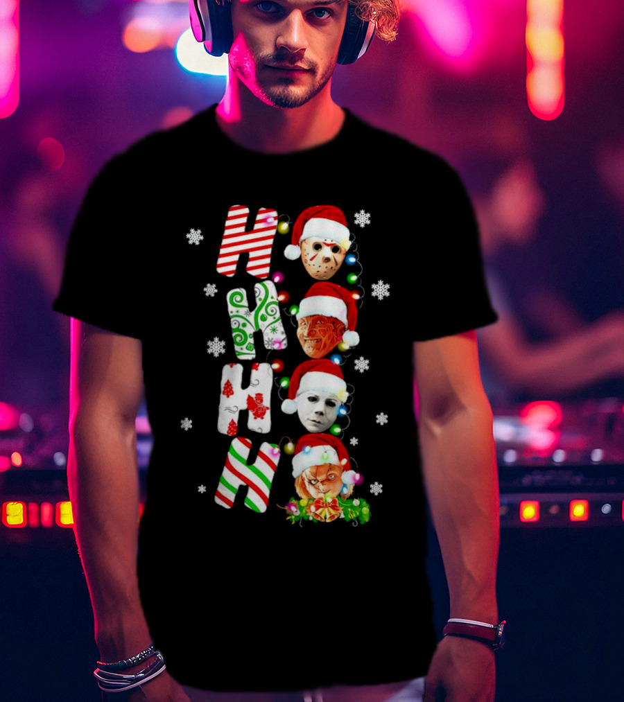 Ho Ho Ho Horror Movies Characters Christmas Snowflakes Santa Hats T-Shirt