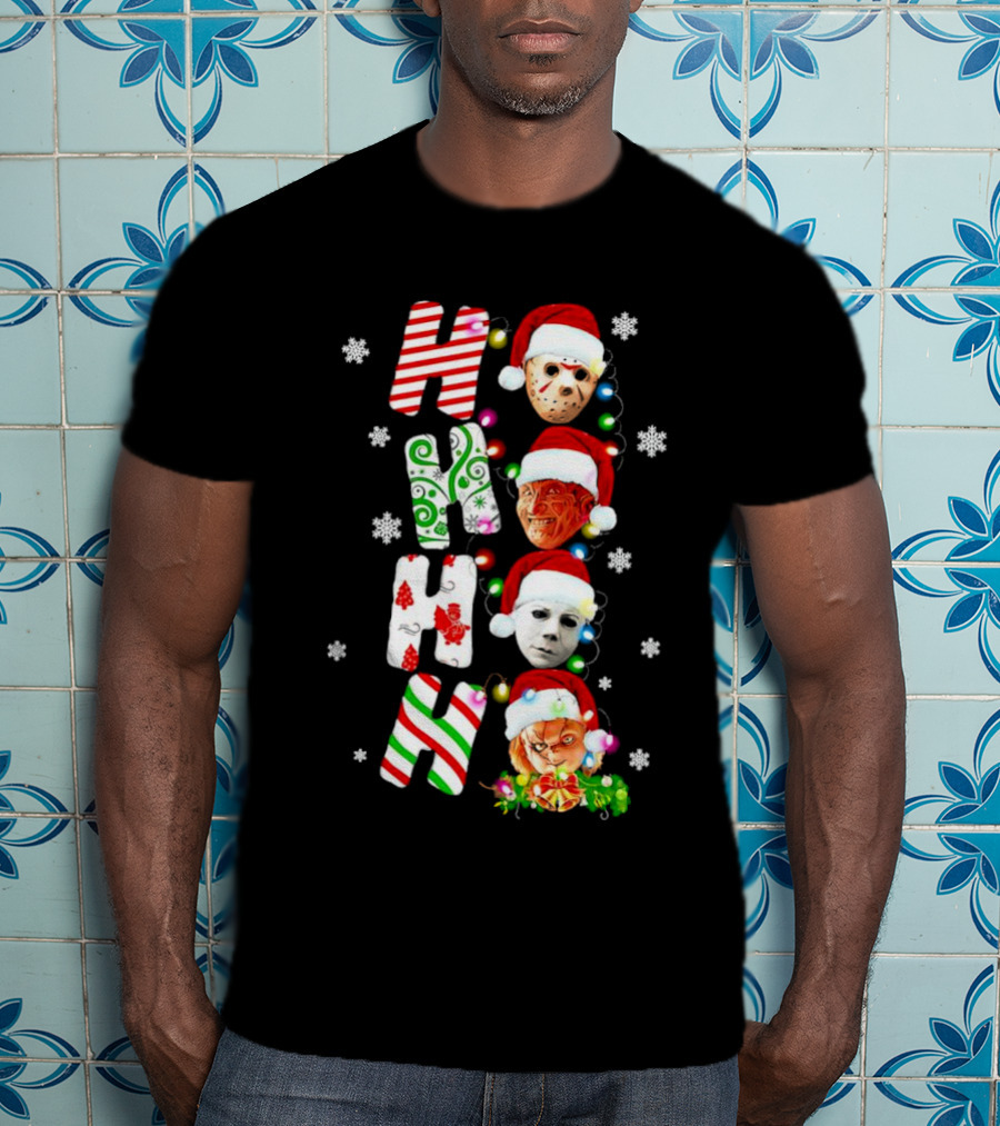 Ho Ho Ho Horror Movies Characters Christmas Snowflakes Santa Hats T-Shirt