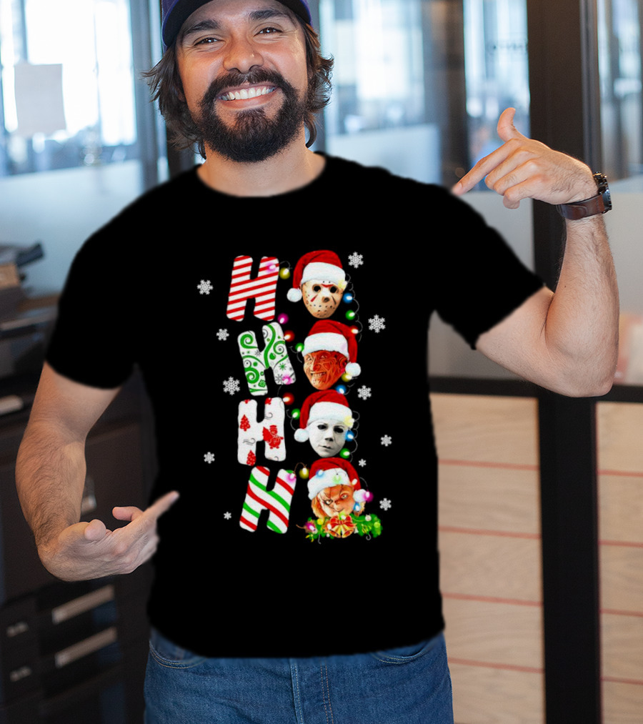 Ho Ho Ho Horror Movies Characters Christmas Snowflakes Santa Hats T-Shirt